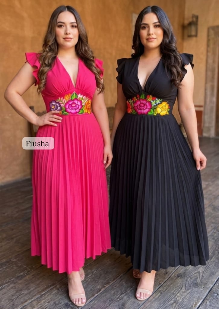 Heidi Mexican-inspired dresses with colorful embroidered floral waistband