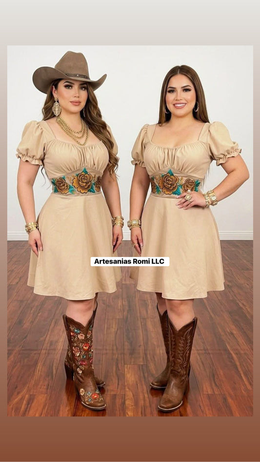 Milagros Beige Western-Inspired Embroidered Dress One Size